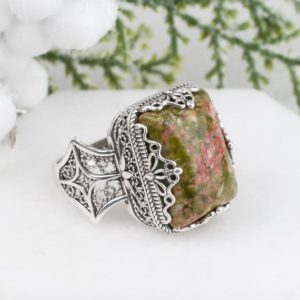 Shop Unakite Rings! Genuine Natural Unakite Silver Bold Statement Ring, 925 Sterling Silver Artisan Unakite Filigree Ring, Jewelry Gift Box for Her, Size 5-12 | Natural genuine Unakite rings, simple unique handcrafted gemstone rings. #rings #jewelry #shopping #gift #handmade #fashion #style #affiliate #ad