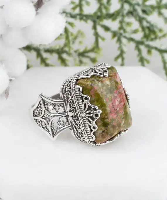 Genuine Natural Unakite Silver Bold Statement Ring, 925 Sterling Silver Artisan Unakite Filigree Ring, Jewelry Gift Box For Her, Size 5-12