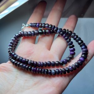 Shop Sugilite Beads! Genuine Natural Untreated Dark PURPLE SUGILITE Sugalite Rondelle South Africa | 17.5" Sterling Silver Necklace | Natural Silk | Violet Flame | Natural genuine rondelle Sugilite beads for beading and jewelry making.  #jewelry #beads #beadedjewelry #diyjewelry #jewelrymaking #beadstore #beading #affiliate #ad