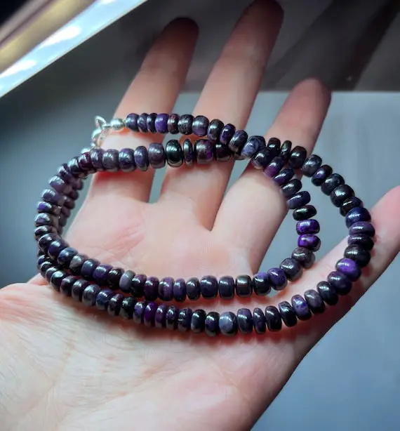 Genuine Natural Untreated Dark Purple Sugilite Sugalite Rondelle South Africa | 19" Sterling Silver Necklace | Natural Silk | Violet Flame