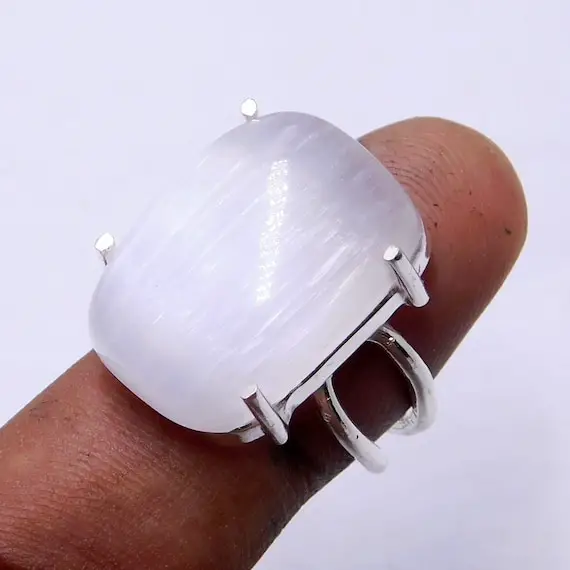 Genuine Selenite Gemstone Ring*sterling Silver Ring*  White Ring*selenite Jewelry, Positive Energy, Protection Stone