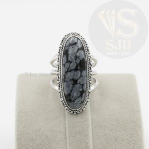 Shop Snowflake Obsidian Rings! Genuine Snowflake Obsidian Ring, 925 Sterling Silver, Triple Band Ring, Obsidian Ring, 10×30 mm Long Oval Ring, Womens Ring, Gift For Wife | Natural genuine Snowflake Obsidian rings, simple unique handcrafted gemstone rings. #rings #jewelry #shopping #gift #handmade #fashion #style #affiliate #ad