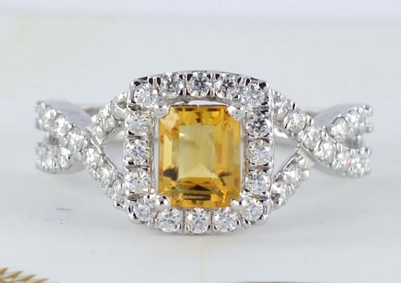 Gia Certified 100% Natural Yellow Sapphire Ring 1.03ctw 14k Solid White Gold With Accent Diamond Ring Wedding & Engagement Ring For Her ,his