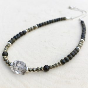 Shop Golden Obsidian Necklaces! HERKIMER DIAMOND NECKLACE with Gold Sheen Obsidian & Pyrite, Beaded, Silver, Natural Stone Crystal Gemstone, 16"-18" | Natural genuine Golden Obsidian necklaces. Buy crystal jewelry, handmade handcrafted artisan jewelry for women.  Unique handmade gift ideas. #jewelry #beadednecklaces #beadedjewelry #gift #shopping #handmadejewelry #fashion #style #product #necklaces #affiliate #ad