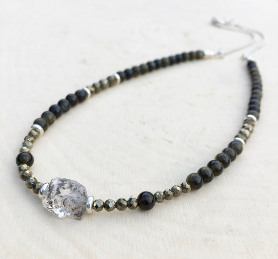 Herkimer Diamond Necklace With Gold Sheen Obsidian & Pyrite, Beaded, Silver, Natural Stone Crystal Gemstone, 16"-18"