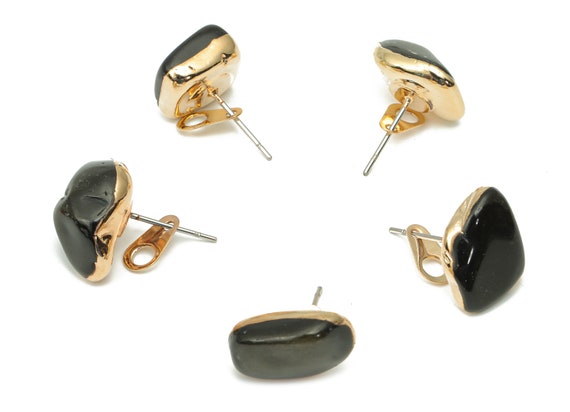 Golden Obsidian Stud With Loop - Natural Stone Earring Post -  Gold Tone Plated Stone – 316 Surgical Stainless Steel - 15.2x10x7mm – Ns1762d
