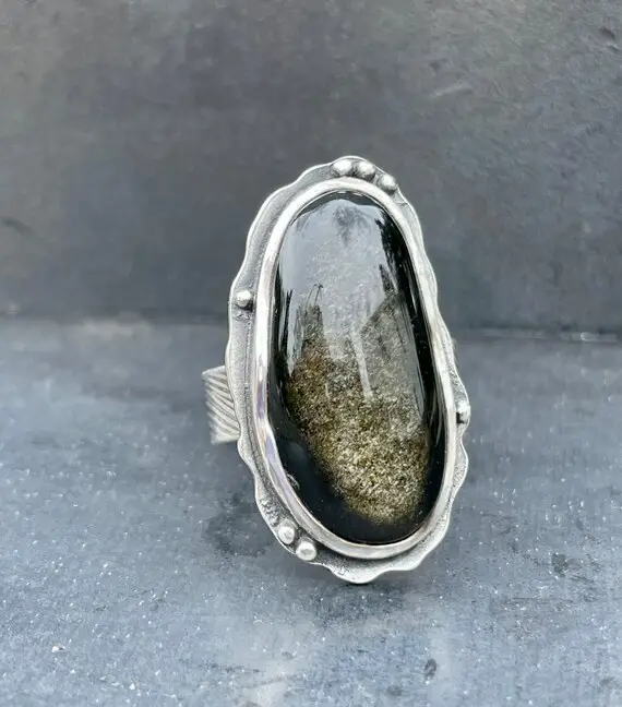 Golden Sheen Obsidian Sterling Silver Statement Ring Size 9