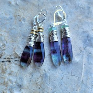 Gorgeous Rainbow Fluorite Earrings, 2 Versions: Gold Vermeil, Sterling Wire Wrapped, Fluorite Earrings, Beauty Bombs! Great Gifts | Natural genuine Gemstone earrings. Buy crystal jewelry, handmade handcrafted artisan jewelry for women.  Unique handmade gift ideas. #jewelry #beadedearrings #beadedjewelry #gift #shopping #handmadejewelry #fashion #style #product #earrings #affiliate #ad