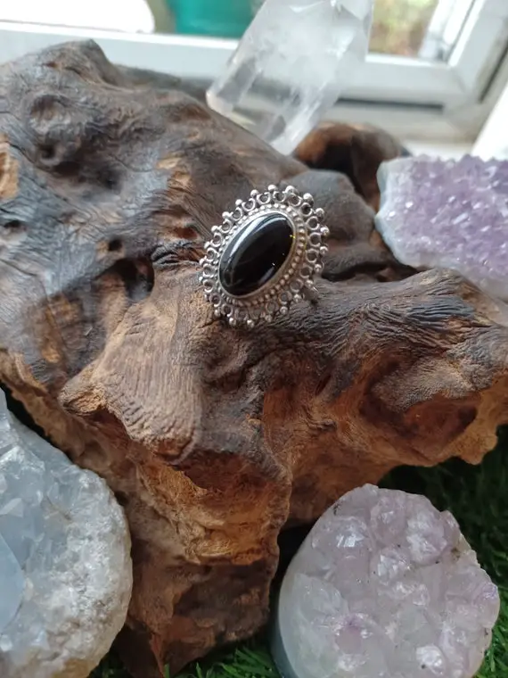 Gothic Style Carved Whitby Jet And Solid Silver Ring
