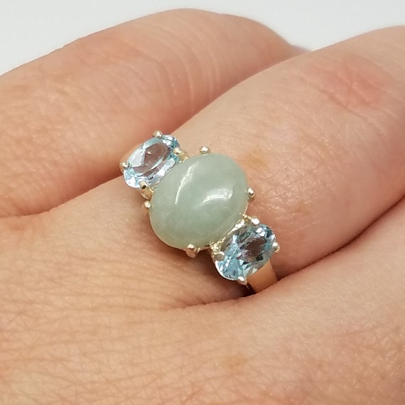 Green Jade And Blue Topaz Ring Size 5/sterling Silver/total 2.7ct/genuine Gemstones/jade Cabochon/jade Ring For Women/vintage Jade/3 Stone