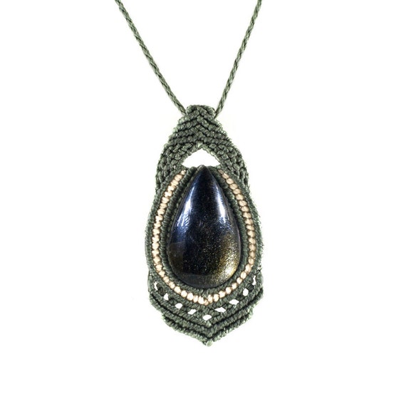 Green Macrame Necklace With Teardrop Golden Obsidian Gemstone