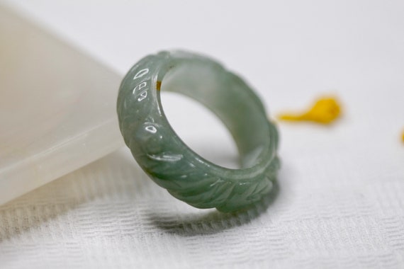 Hand Carved Certified Jade Ring Floral Carved Light Green Natural Type A Jadeite Band By The Jade Lab