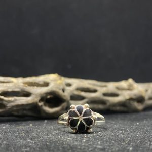Shop Jet Rings! Handmade Native American Zuni inlay jet Sterling Silver flower Ring Size 8 | Natural genuine Jet rings, simple unique handcrafted gemstone rings. #rings #jewelry #shopping #gift #handmade #fashion #style #affiliate #ad