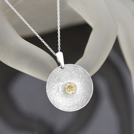 Handmade Sapphire Pendant, Round Sterling Silver Light Yellow Sapphire Necklace, Gemstone Pendant