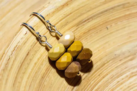 Handmade Yellow Mookaite Jasper Earrings, Faceted Rustic Gemstone Earrings, Yellow Cream Brown Stacked Beaded Earrings Yellow Earrings Stone