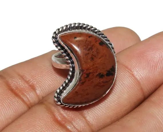 Heart Crescent ! Natural Mahogany Obsidian Ring, Adjustable Ring, Ethnic Ring, Vintage Ring, 925 Sterling Silver Plated Jewelry (mk-59-36)