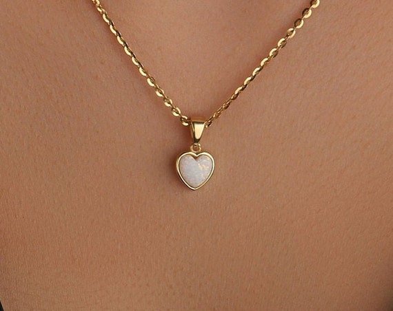 Heart Opal Necklace, White Opal Necklace In 14k Gold, Heart Opal Pendant Necklace In Silver, Everyday Necklace For Women, Opal Necklace