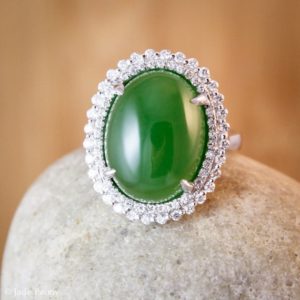 Shop Jade Rings! Heirloom AAA Grade Nephrite Jade  Ring, Diamond Halo Setting, 18KT Yellow Gold | Natural genuine Jade rings, simple unique handcrafted gemstone rings. #rings #jewelry #shopping #gift #handmade #fashion #style #affiliate #ad