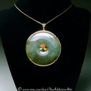 Shop Jade Pendants! Jade Pendant – VERY Large, Highly Polished Disc w/ 14K Gold – Necklace Multi-Colored Center Stones Encircled by 14kt (LAYAWAY Available) | Natural genuine Jade pendants. Buy crystal jewelry, handmade handcrafted artisan jewelry for women.  Unique handmade gift ideas. #jewelry #beadedpendants #beadedjewelry #gift #shopping #handmadejewelry #fashion #style #product #pendants #affiliate #ad