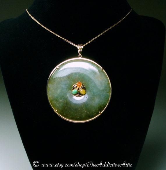 Jade Pendant - Very Large, Highly Polished Disc W/ 14k Gold - Necklace Multi-colored Center Stones Encircled By 14kt (layaway Available)