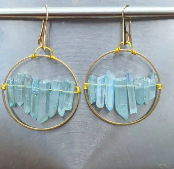 Large Gold Hoop Earrings Angel Aura Quartz Gemstone Cluster Chandelier Earrings Chakra Crystals Womens Birthday Gift Something Blue Bridal