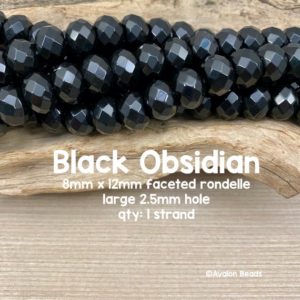 Shop Obsidian Rondelle Beads! Large Hole Black Obsidian Gemstone Beads, 8mm x 12mm Faceted Rondelle, 8" Strand | Natural genuine rondelle Obsidian beads for beading and jewelry making.  #jewelry #beads #beadedjewelry #diyjewelry #jewelrymaking #beadstore #beading #affiliate #ad