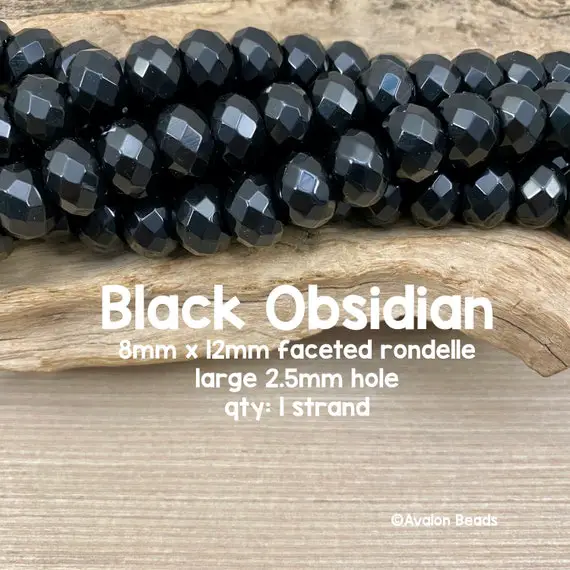 Large Hole Black Obsidian Gemstone Beads, 8mm X 12mm Faceted Rondelle, 8" Strand