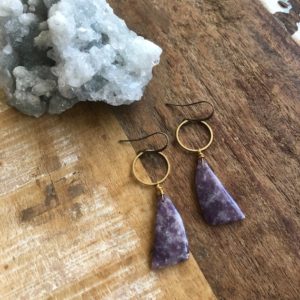 Shop Lepidolite Earrings! Lepidolite and brass earrings | Natural genuine Lepidolite earrings. Buy crystal jewelry, handmade handcrafted artisan jewelry for women.  Unique handmade gift ideas. #jewelry #beadedearrings #beadedjewelry #gift #shopping #handmadejewelry #fashion #style #product #earrings #affiliate #ad