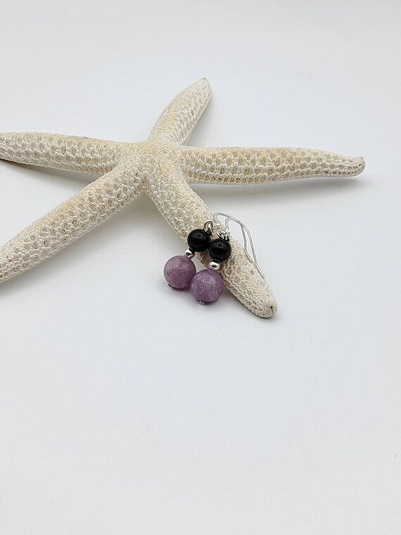 Lepidolite And Onyx Bead Earrings, Lilac And Black Gemstone Earrings, Gift For Mum, 14k Gold Filled / 925 Sterling Silver Jewellery