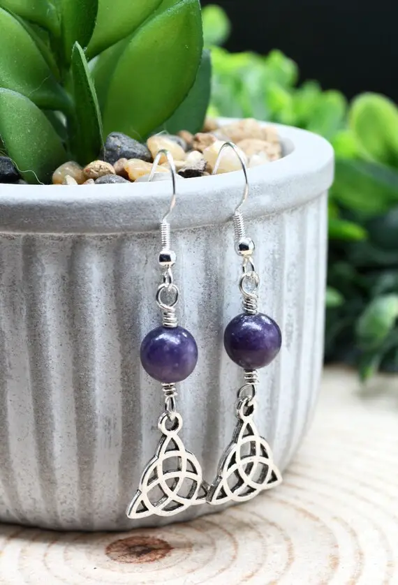 Lepidolite Beaded Earrings, Sterling Silver 8mm Lepidolite Triquetra Earrings, Handmade Witchy Jewelry, Mala Beads, Protection Amulet