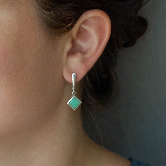 Leverback Gemstone Earrings, Silver And Chrysoprase Earrings, Square Geometric Drops, Sterling Silver