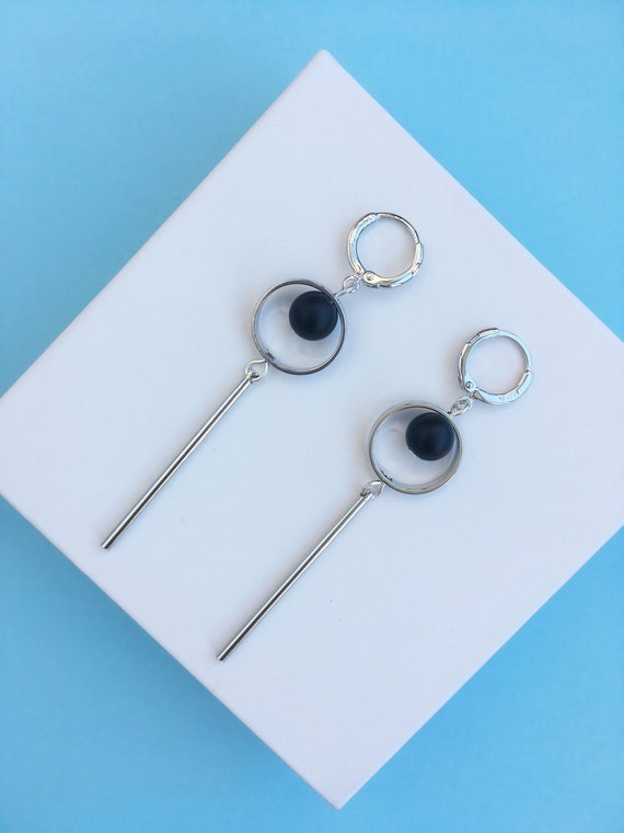 Long Black Dangle Earrings, Geometric Minimalist Jewelry With Shungite, Modern Dangly Everyday Earrings, Trendy Black Drop Earrings
