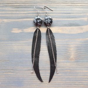Shop Snowflake Obsidian Earrings! Long Feather Earrings, Leather Earrings, Leather Feather Earrings, Black Earrings, Boho Earrings, Boho Jewelry, Snowflake Obsidian Earrings | Natural genuine Snowflake Obsidian earrings. Buy crystal jewelry, handmade handcrafted artisan jewelry for women.  Unique handmade gift ideas. #jewelry #beadedearrings #beadedjewelry #gift #shopping #handmadejewelry #fashion #style #product #earrings #affiliate #ad