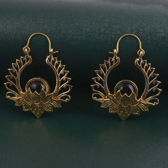 Lotus Earrings, Obsidian Earrings, Gemstone Lotus Earrings, Boho Earrings, Hoop Earrings, Ethnic Earrings, Stone Earrings, Gift For Her