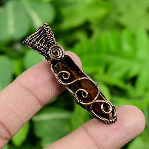 Mahogany Obsidian Pendant Healing Crystal Point Pendant, Copper Wire Wrapped Pendant Handmade Copper Jewelry Gemstone Pendant 2.2" Inches
