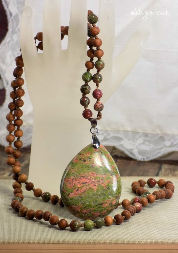 Mala Necklace, Unakite Necklace, Prayer Beads, Sandalwood
