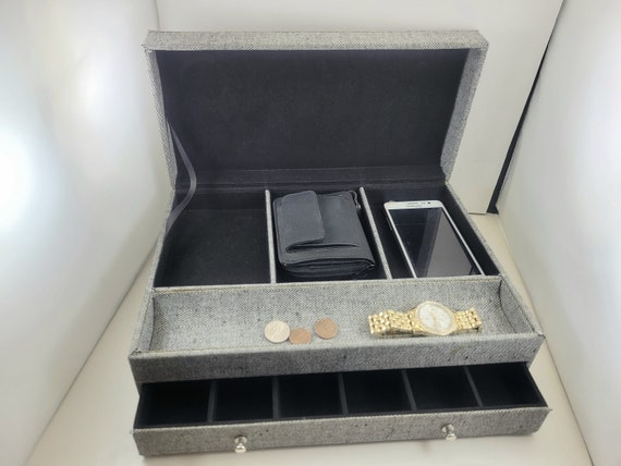 Men's Jewelry Box Big 13"w X 9"d X 4"h Valet Catchall Dresser Organizer Vintage C1990's Denim Black Velvet 1 Drawer Anniversary Gift Him