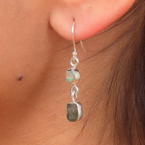 Moldavite Earring, Ethiopian Opal Earring, Dangle Drop Earring, 925 Sterling Silver Earring, Boho Earring, Raw Moldavite Earring