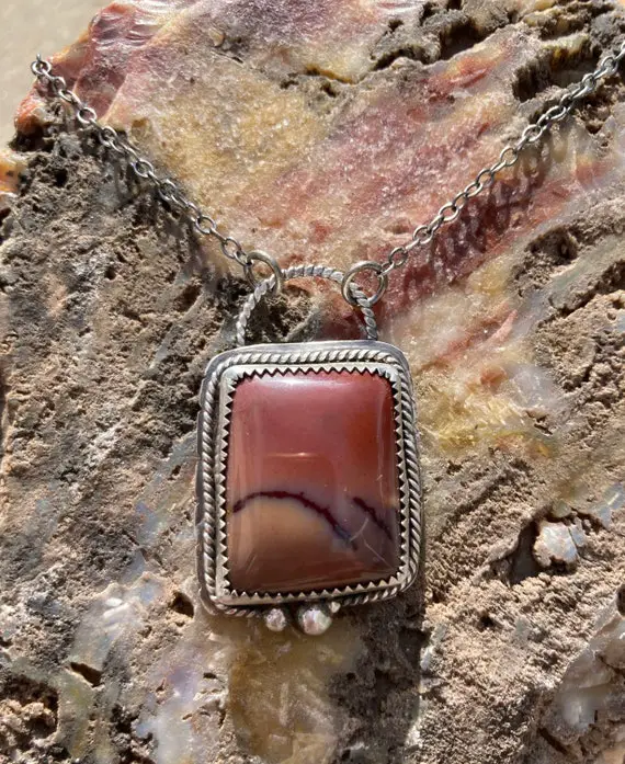 Mookaite Jasper Necklace, Sterling Silver Chain, Cabochon, Stone, Polished Cabochon, Handmade, Free Shipping