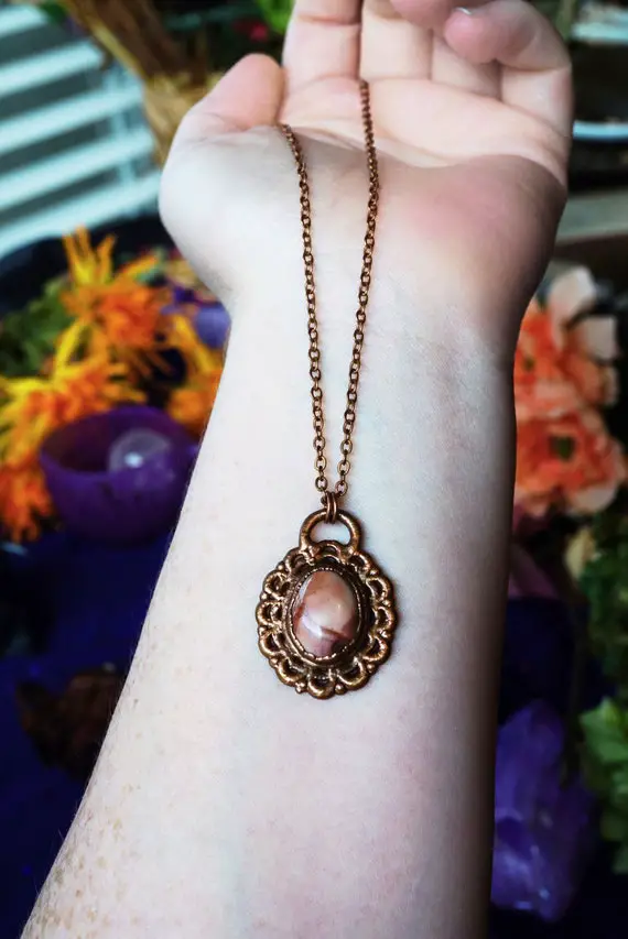 Mookaite Jasper Necklace, Vintage Style Copper Pendant, Handmade Jasper Jewelry, Mauve Colored Gemstone, One Of A Kind Jewelry