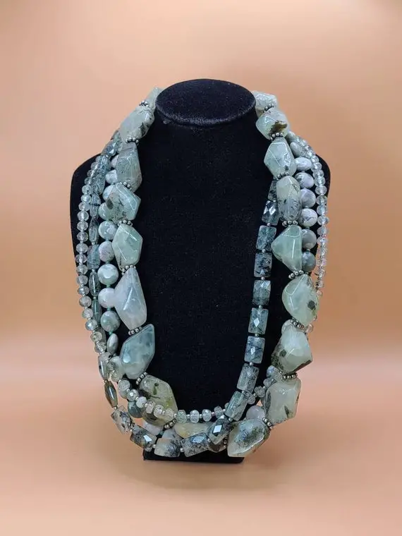 Moss Prehnite Necklace, 925 Silver Multistrand Beaded Moss Prehnite Necklace, Chunky Prehnite Necklace, Beaded Necklace, Item W #1425