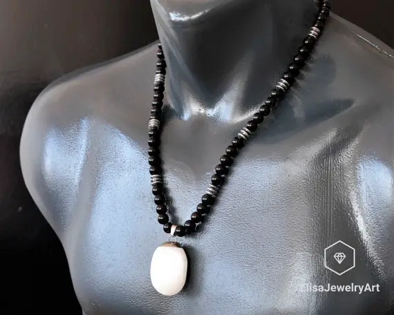 Natural Big Selenite Pendant Black Onyx Hematite Beaded Birthstone Emotional Genuine Gemstone Boho Necklace For Him Unisex Christmas Gift