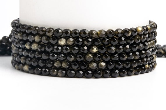 Natural Black Golden Obsidian Gemstone Grade Aaa Faceted Round 4mm Loose Beads