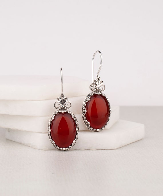 Natural Carnelian Earrings, 925 Sterling Silver Genuine Red Carnelian Gemstones Artisan Crafted Oval Drop Earrings Women Jewelry Gift Boxed