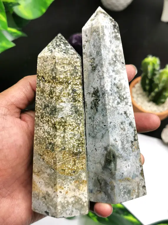 Natural Large Ocean Jasper Point/wand/tower -handmade Carvings - Energy/chakra/reiki - 5 In (12.5 Cms) Height And 280 - 300 Gms Weight
