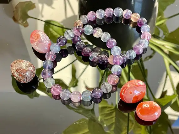 Natural Rainbow/ice Cream/green/multi-color Fluorite Stretchy Beaded Bracelet - Multi Color - Crystal - Great Gift - Healing-positive Energy