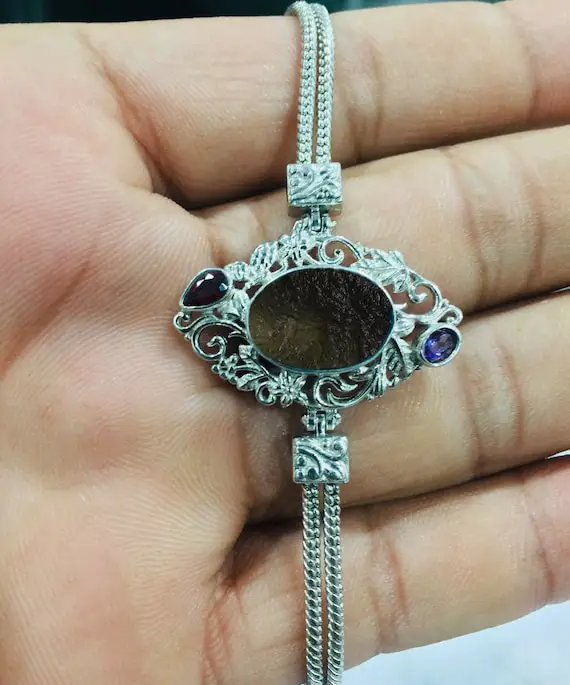 Natural Raw Moldavite Gemstone Bracelet In Sterling Silver| Oval Shape Moldavite Bracelet| Moldavite Jewelry| Anniversary Gift| Gift For Her