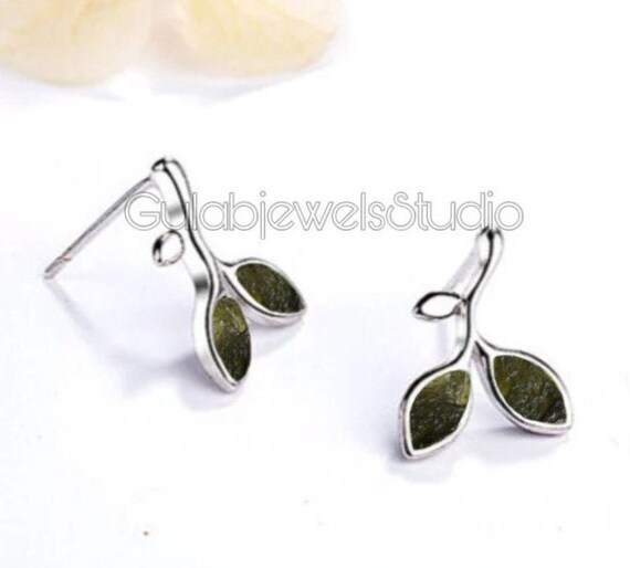 Natural Raw Moldavite Stud Earring In Sterling Silver, Leaf Moldavite Earring, Genuine Rough Moldavite, Boho Dangle, Gift For Her