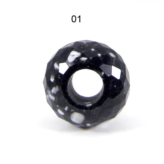 Natural Snowflake Obsidian Rondelle Faceted 14 X 8 X 5 Mm European Charm Beads Universal Large Hole Big Hole Beads For Bracelet