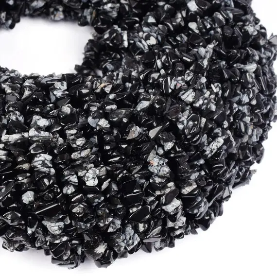 Natural Snowflake Obsidian Uncut Beads: Black Raw Rough Chips 34" Strand